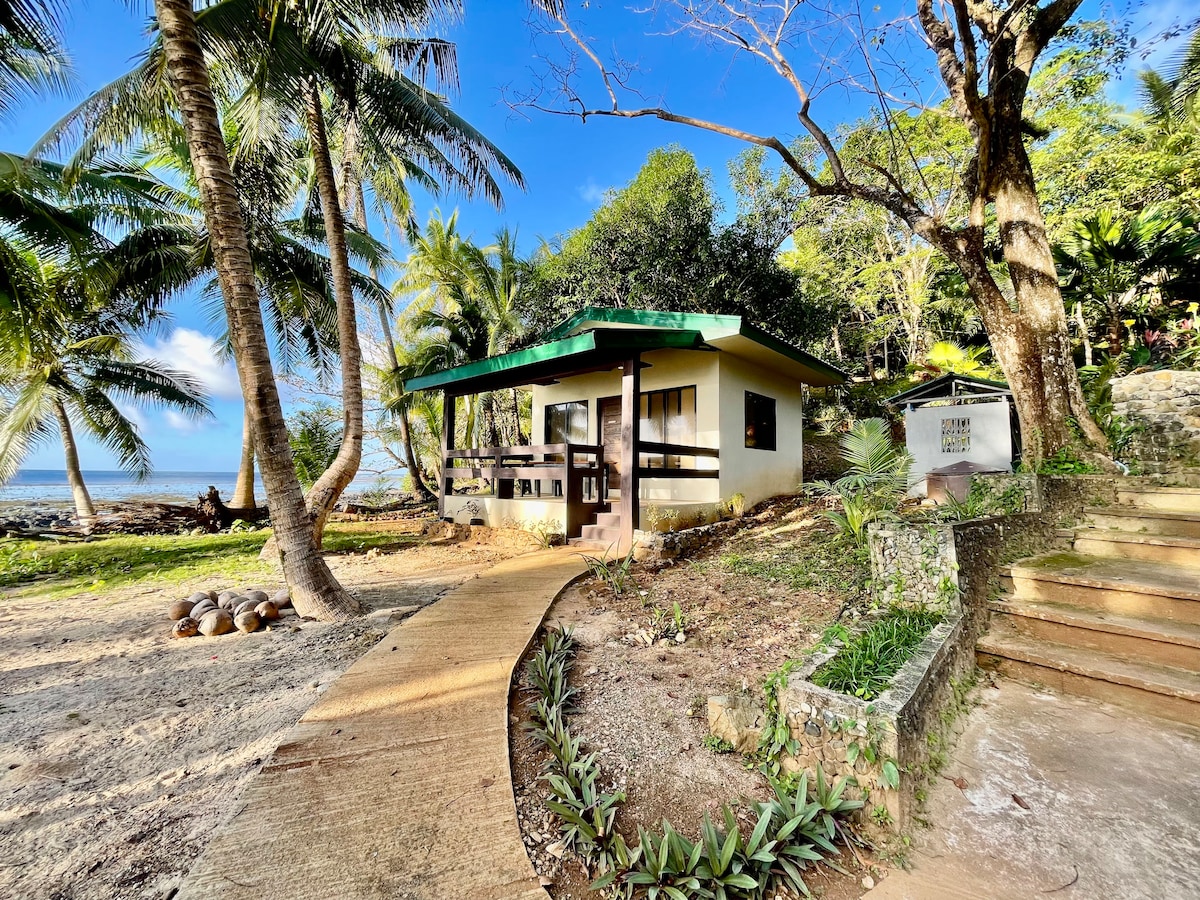 A light-colored cottage is set amidst palm trees, with a path leading to the entrance. Large windows allow natural light to fill the interior, and the beach is visible in the background. The surroundings feature a mix of sandy areas and lush greenery.