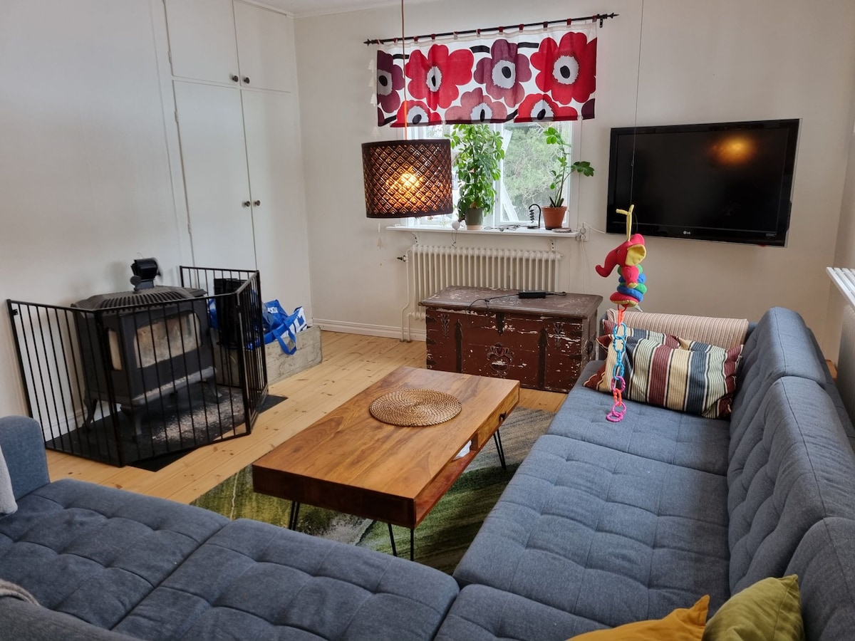 A spacious living room showcases a modern sectional sofa and a wooden coffee table. A wood-burning stove is positioned in the corner, surrounded by a safety gate. Large windows are adorned with floral curtains, allowing natural light to brighten the room.