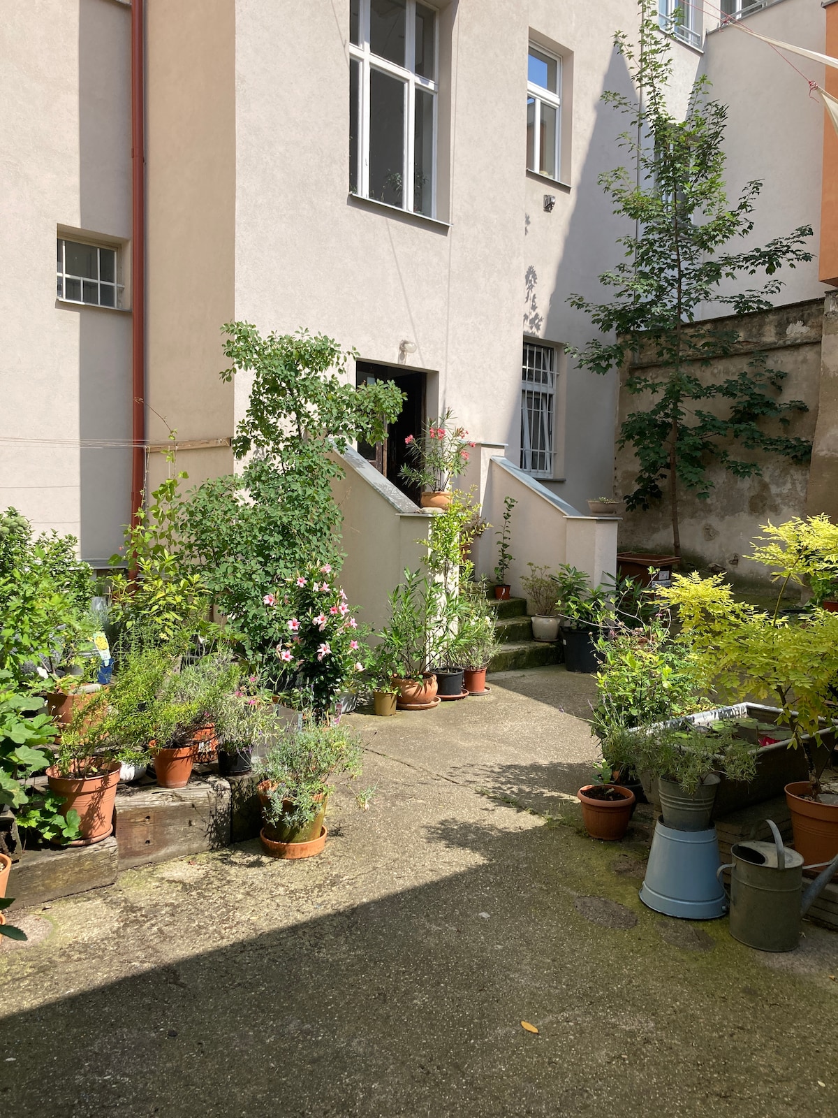A garden patio features a variety of potted plants, including shrubs and flowers, on a stone pathway. The surrounding walls of the building create a quiet atmosphere. Stairs lead to an entrance, along with a small tree providing greenery.