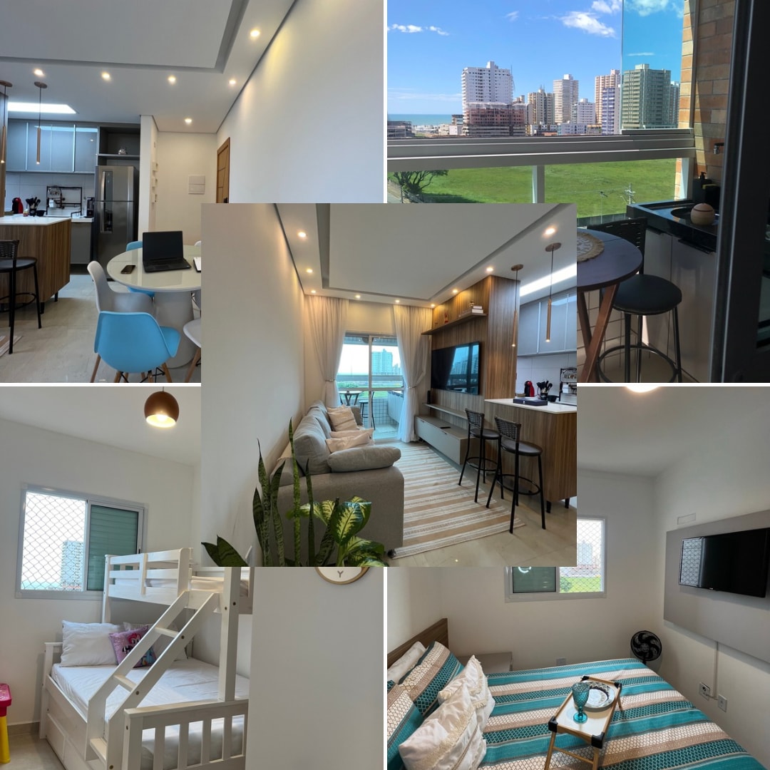 A modern living space is featured, showcasing an open layout with a comfortable seating area and a dining space. Large windows provide ample natural light and a view of nearby buildings and greenery. Bedrooms include a spacious bed and a unique triple bunk, ideal for families.