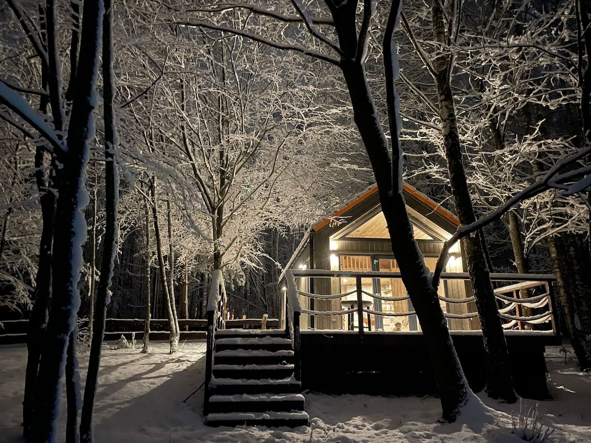 A modern cabin is nestled amidst snow-covered trees, with soft light emanating from its windows. The entrance features a set of steps leading up to a spacious deck, surrounded by a tranquil winter landscape, highlighted by the glistening snow on branches.