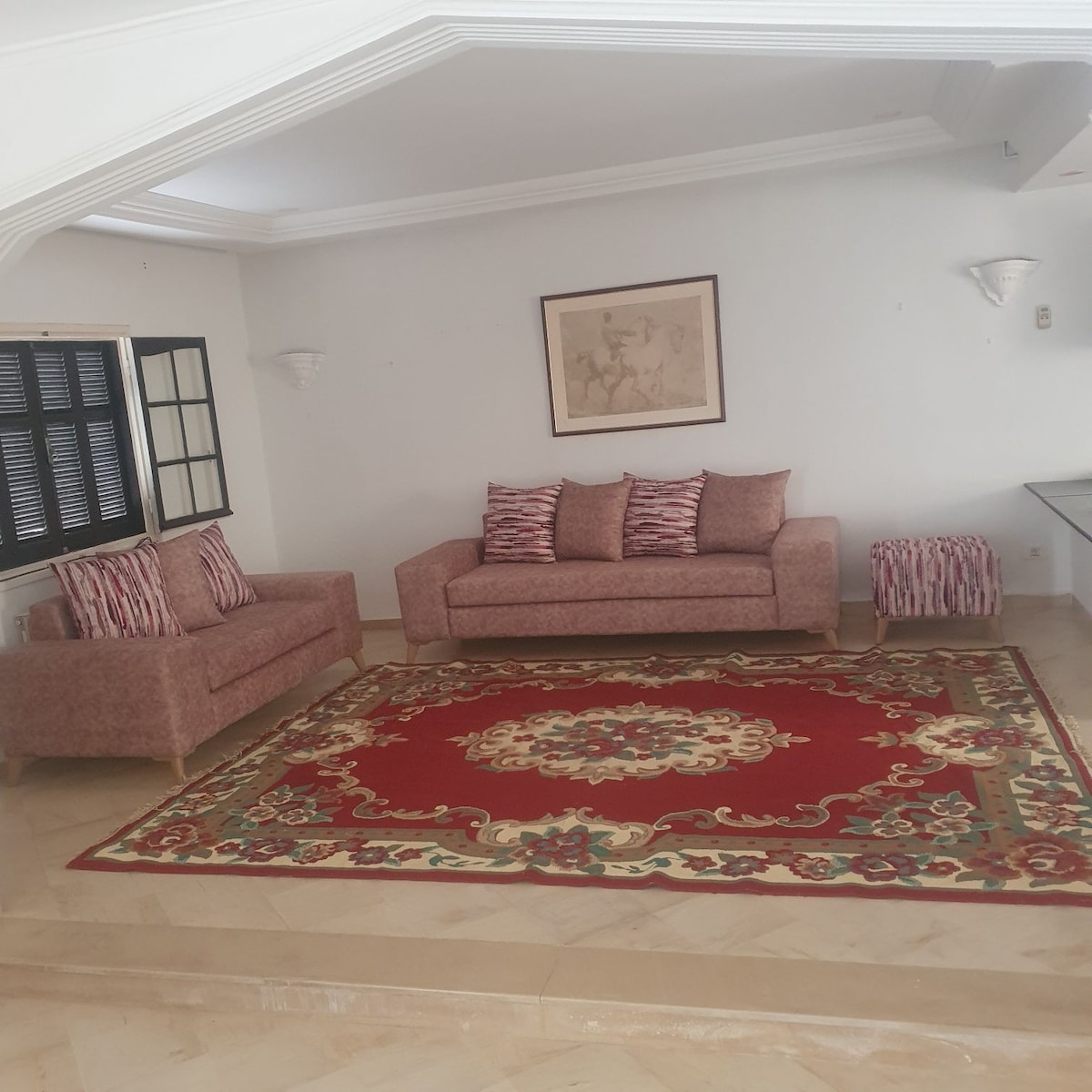 A cozy living area features a pair of light pink sofas arranged around a decorative red rug, which includes intricate patterns. Natural light enters through a window with dark shutters, complementing the room's neutral color palette.