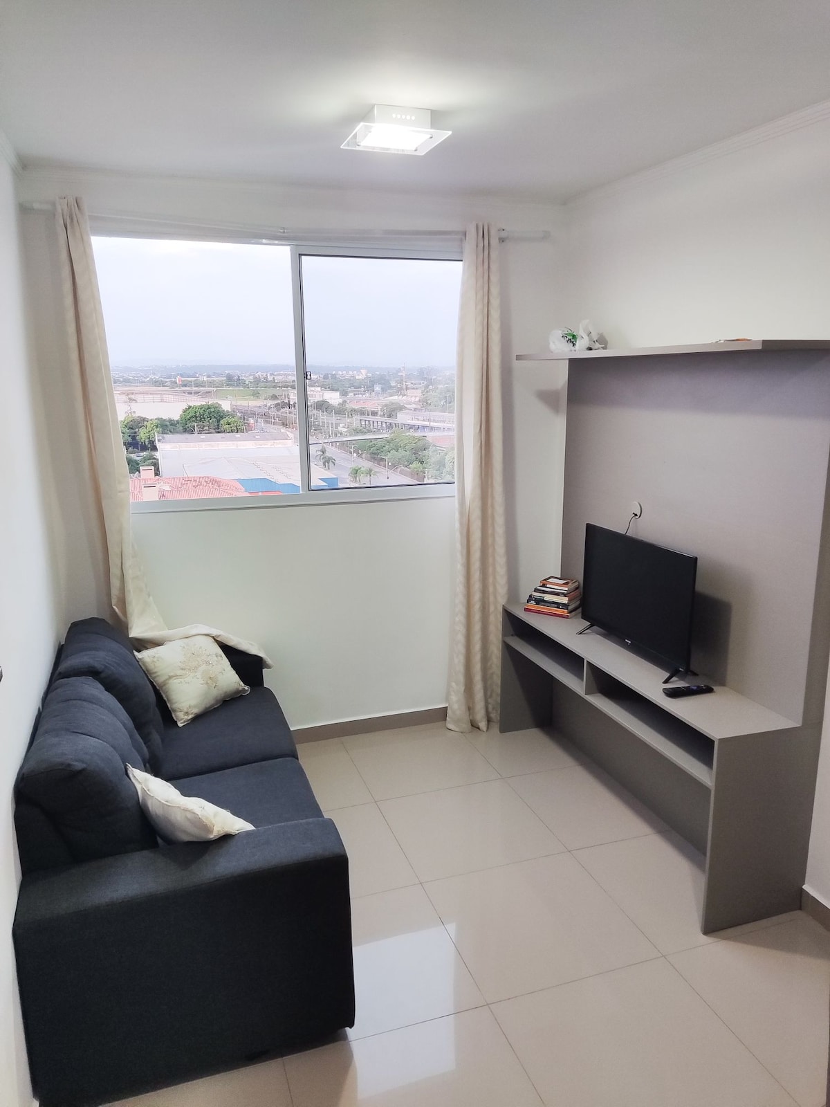 A cozy living area is featured with a dark gray sofa complemented by decorative pillows. A flat-screen television is mounted on a light gray shelf, which also holds a few books. Natural light enters through a large window, framed by light curtains, offering a view of the surroundings.