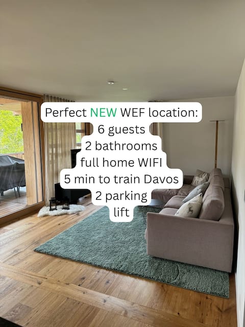 WEF: 5 min walk train Davos, 2 parks, up to 6 ppl