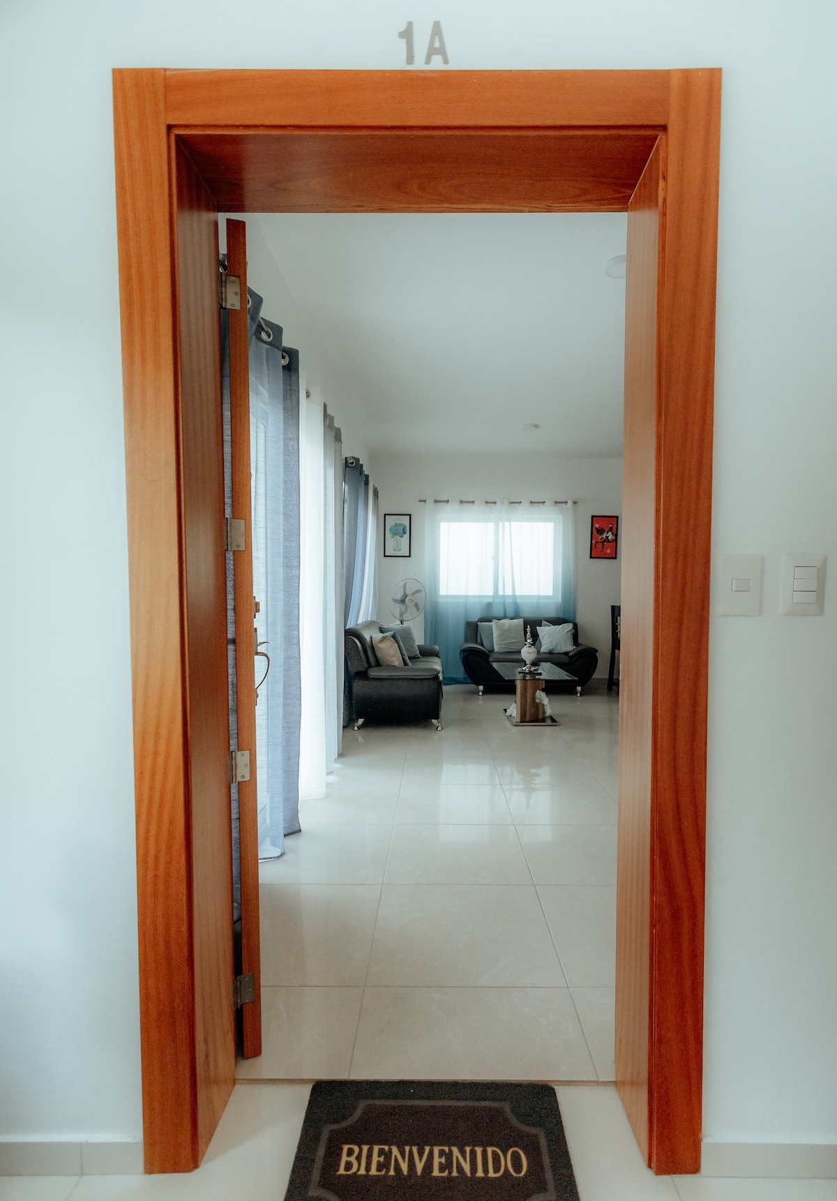 A well-lit entrance is framed by a wooden door, leading into a modern living space. The open area is visible beyond, featuring a comfortable seating arrangement and natural light coming through a window, with curtains elegantly drawn to the sides.