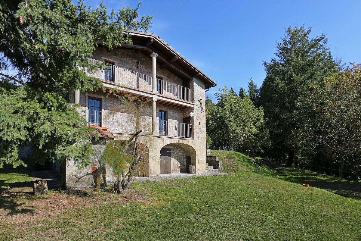 The rustic villa, surrounded by lush greenery, features a stone façade and wooden balconies. Expansive, well-maintained lawn areas are visible, along with mature trees that provide natural shade. The structure exudes a serene presence, set against a clear blue sky.