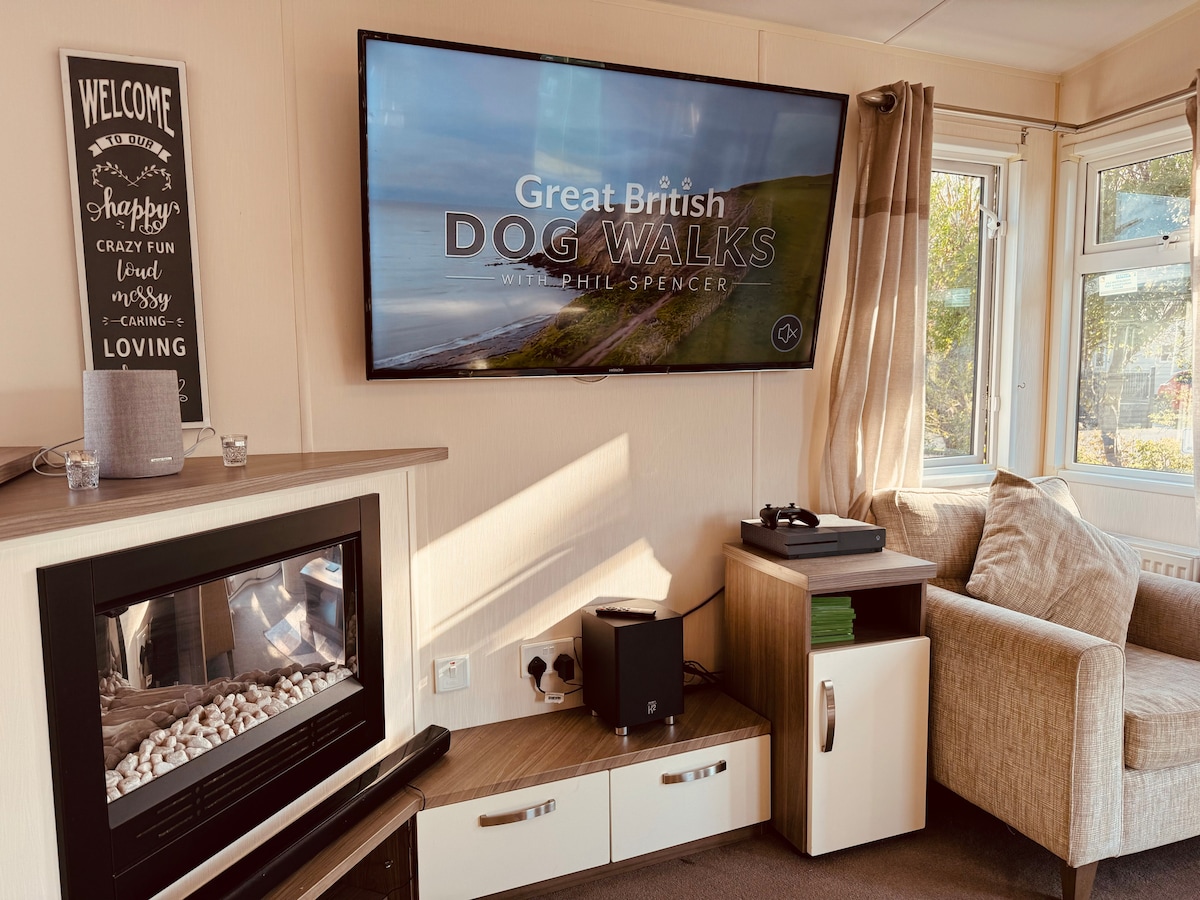 Fuego acogedor, Xbox con juegos, biblioteca de DVD y TV inteligente de 50 pulgadas