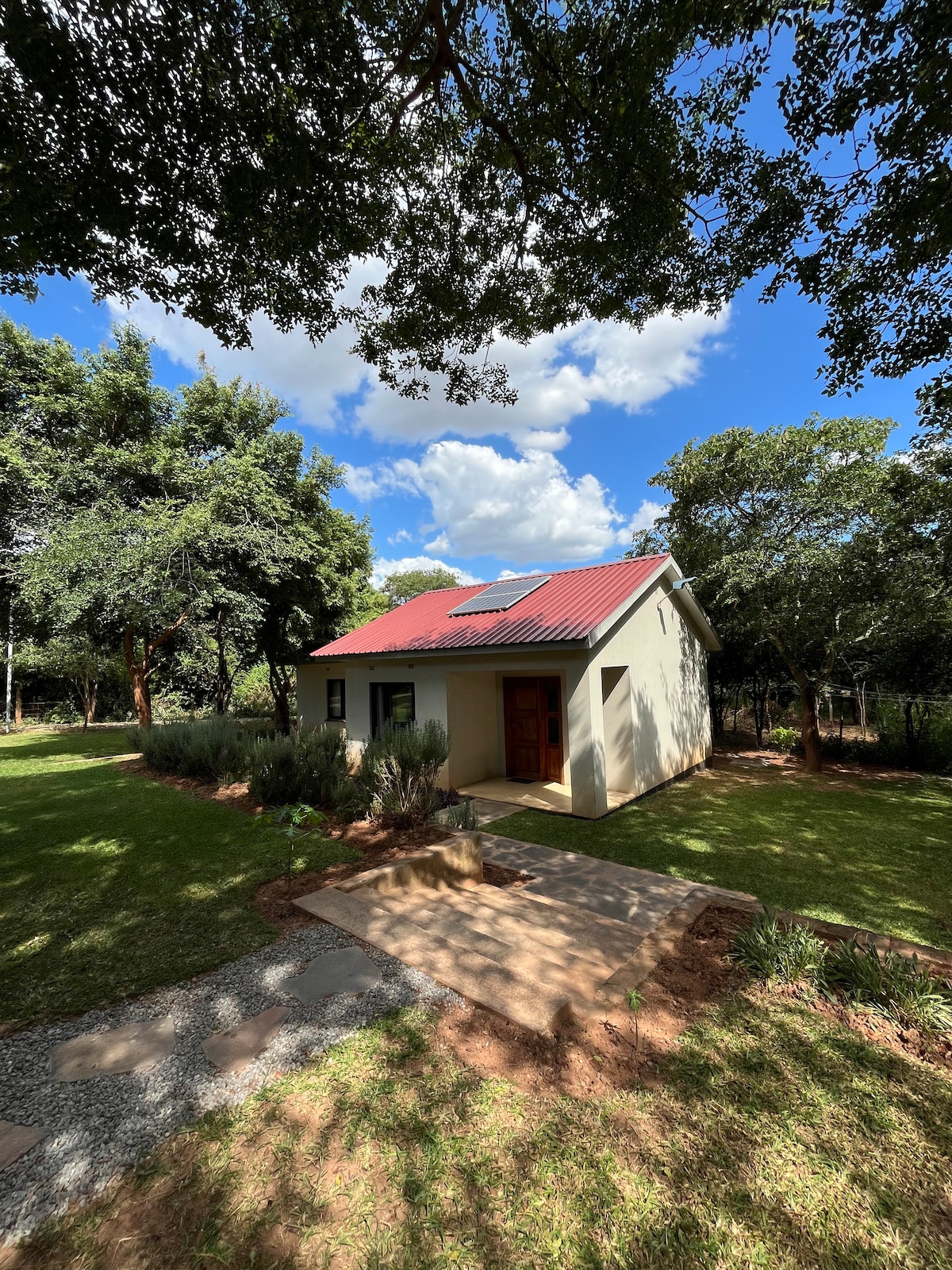 A single-story guesthouse is set against a backdrop of lush greenery, featuring a red metal roof and a welcoming wooden entry door. A stone pathway leads to the entrance, flanked by shrubs and trees that provide shade and tranquility.