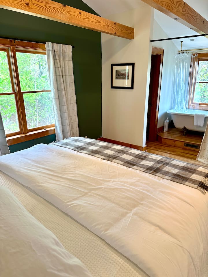 Dormitorio loft con bañera/ducha con patas, orinal, lavabo y armario con vestidor. 