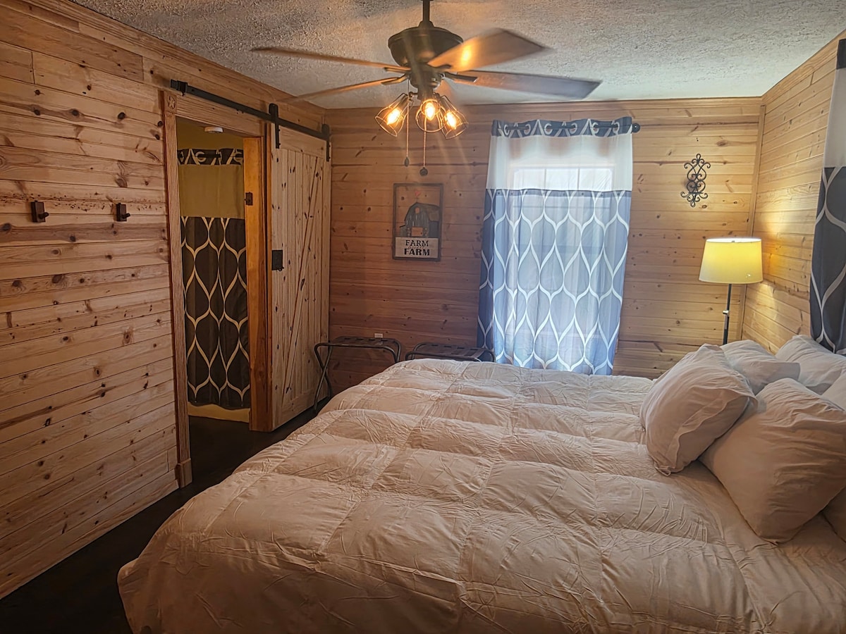 A cozy bedroom features a spacious bed with a light-colored comforter, complemented by warm wood-paneled walls. A ceiling fan is positioned above, and natural light filters through a window dressed with sheer curtains. A bedside lamp provides soft illumination, enhancing the room's inviting feel.