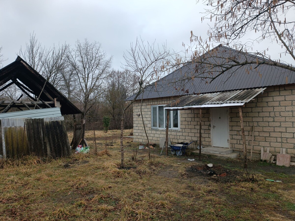 A stone cottage is shown with a simple front entrance. Nearby, an unfinished shed leans slightly, surrounded by dry grass and bare trees. The landscape appears open with minimal vegetation, suggesting a rural setting.