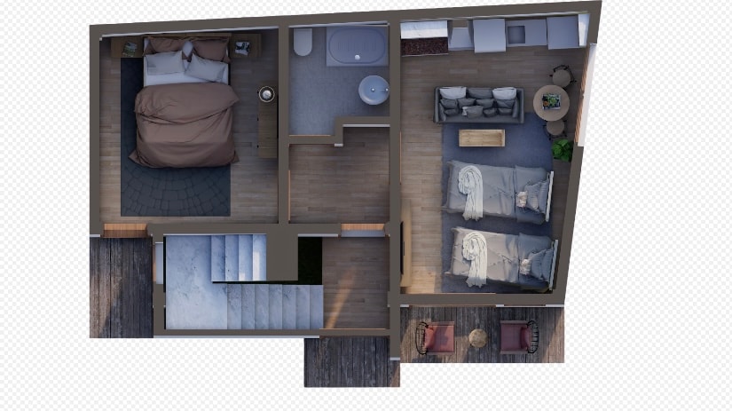 An aerial view of a well-organized apartment layout showcases a spacious bedroom with a large bed and a seating area containing two sofas. A dining table is positioned centrally, and stairs are visible leading to a lower level.