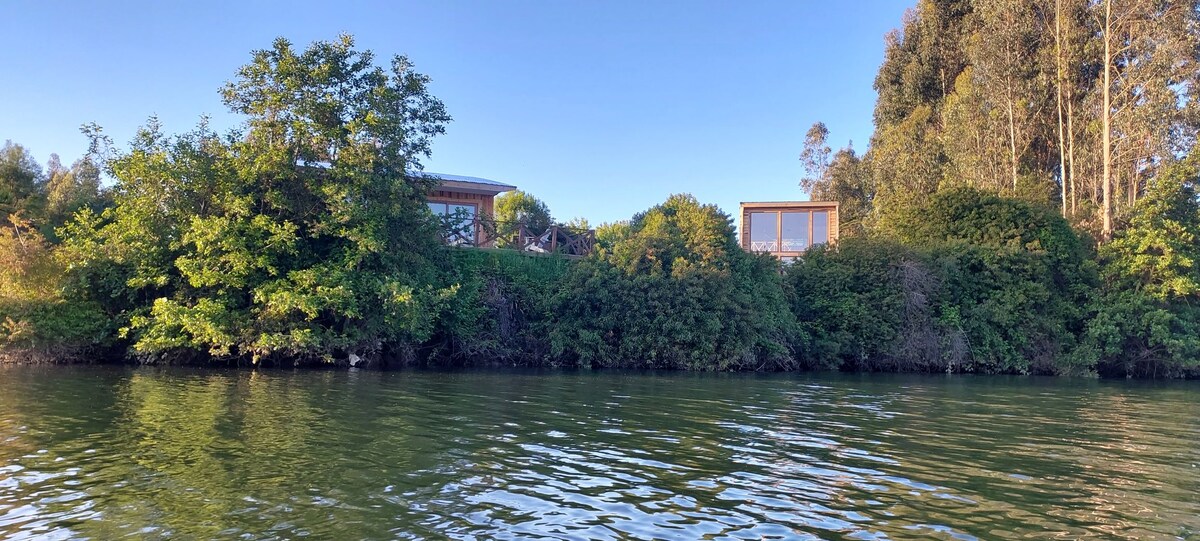 The image captures a tranquil riverside scene showcasing a lush green landscape. Two architectural structures are visible among the foliage, set against a clear blue sky, offering a peaceful ambiance by the water's edge.