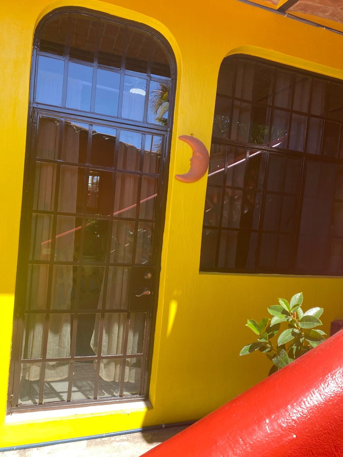 A bright yellow exterior features a rounded doorway with large glass panels, allowing natural light to fill the space. A small plant is positioned nearby, and the window reveals soft curtain draping. The surrounding architecture showcases a vibrant and inviting aesthetic.