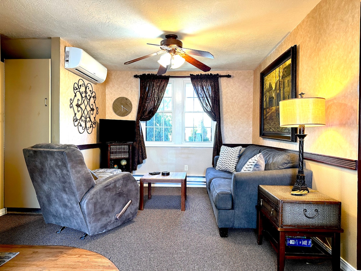 A comfortable living area is presented, featuring a gray sofa and a recliner positioned next to a wooden side table. Natural light filters through the window, draped with dark curtains. An air conditioning unit and wall decor add functional and aesthetic touches to the space.