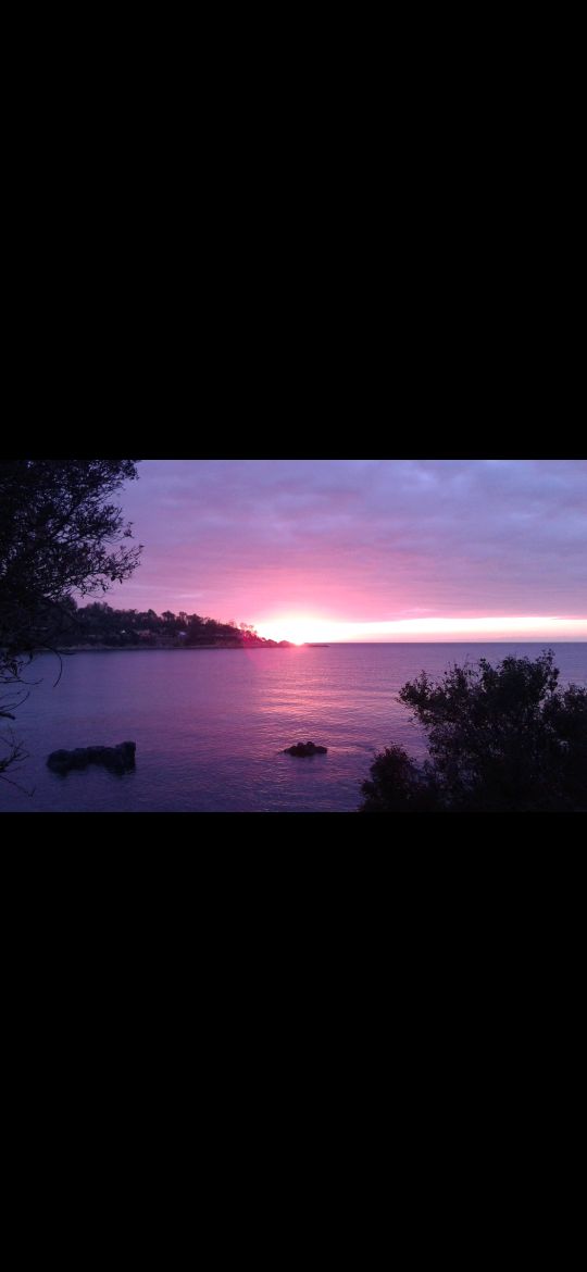 A serene coastal scene is presented, featuring calm waters reflecting a gradient of pink and purple hues during sunset. Silhouettes of distant land and greenery outline the horizon, creating a tranquil atmosphere that invites relaxation.