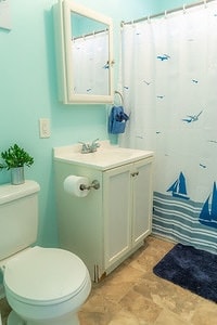 The bathroom features a light blue color scheme, highlighting nautical-themed decor. A white vanity with sink and storage is positioned beside a toilet. The shower area is enclosed by a curtain adorned with sailboat designs. A small plant adds a touch of greenery to the space.