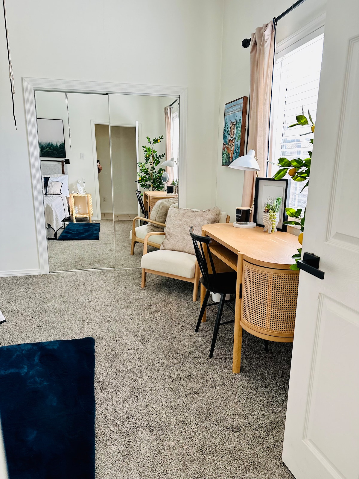 The image captures a well-lit bedroom entrance featuring a workspace with a round table and two chairs, complemented by decorative plants. A large mirror reflects the room's design elements, while a plush area rug adds warmth. Natural light streams through a nearby window, accentuating the cozy atmosphere.