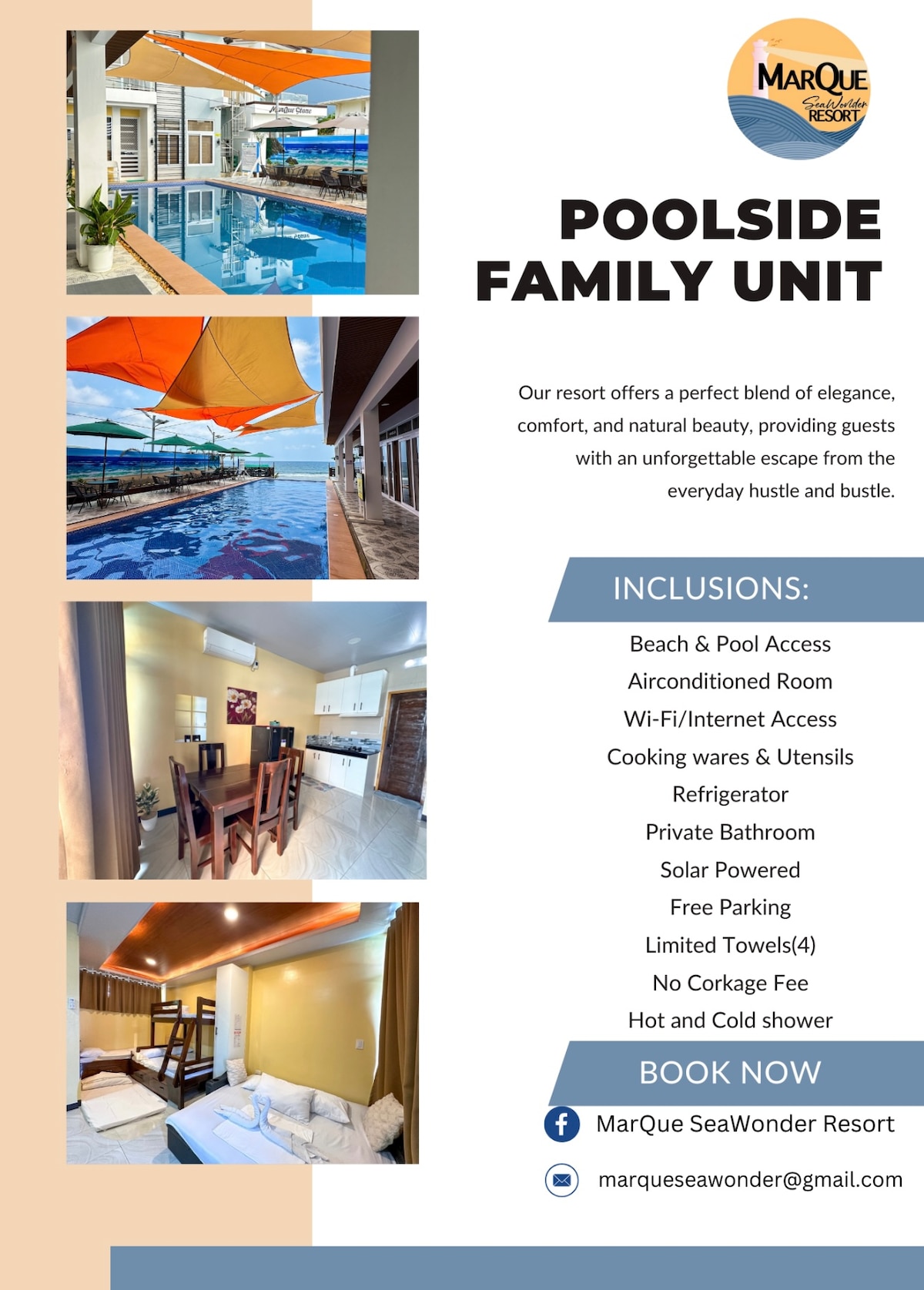 The image demonstrates a bright poolside family unit featuring a cozy seating area with a dining table and kitchenette. Vibrant colors of the outdoor sunshades provide shade over the patio. Floor-to-ceiling windows allow ample natural light, enhancing the unit's overall welcoming feel.