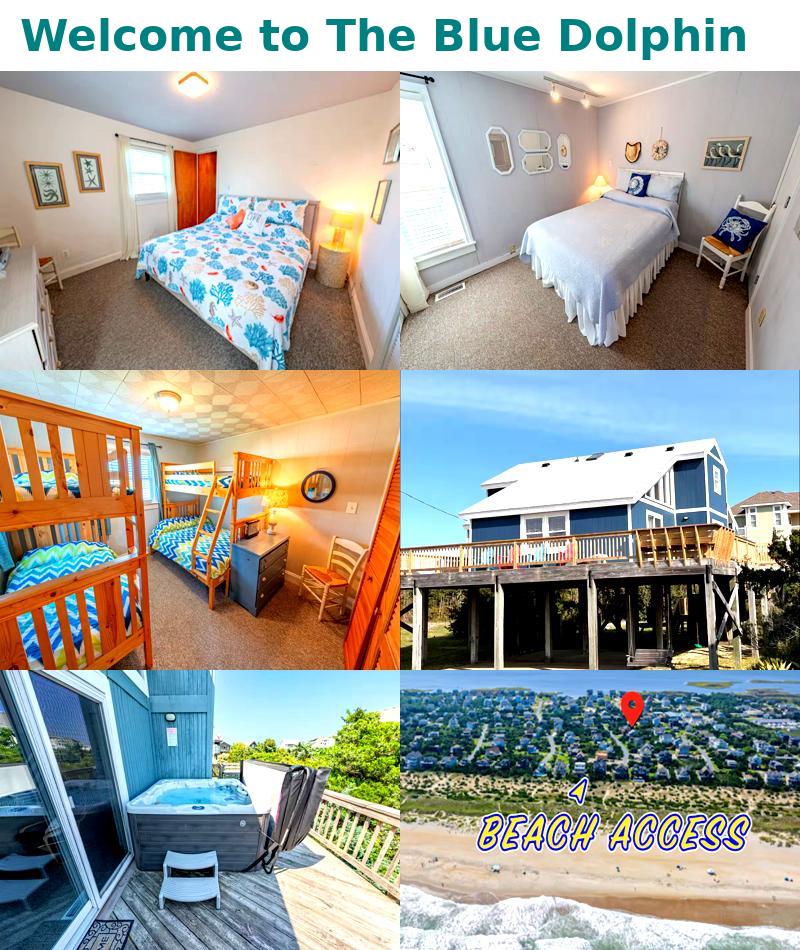 The image showcases multiple cozy sleeping areas within The Blue Dolphin. Floral bedding complements one spacious bed, while a bunk bed with vibrant blue linens is featured in another. A view of the hot tub and surroundings offers a glimpse of outdoor relaxation, along with a clear path indicating beach access.