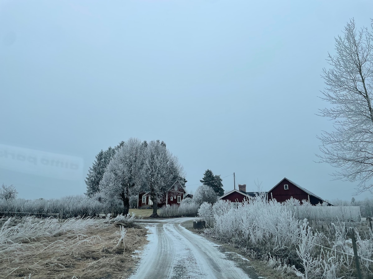A winter scene showcases a winding gravel path leading through a frost-covered landscape. Red barns are visible in the background, framed by trees adorned with frosty branches. The overall ambiance reflects a serene and quiet countryside setting.