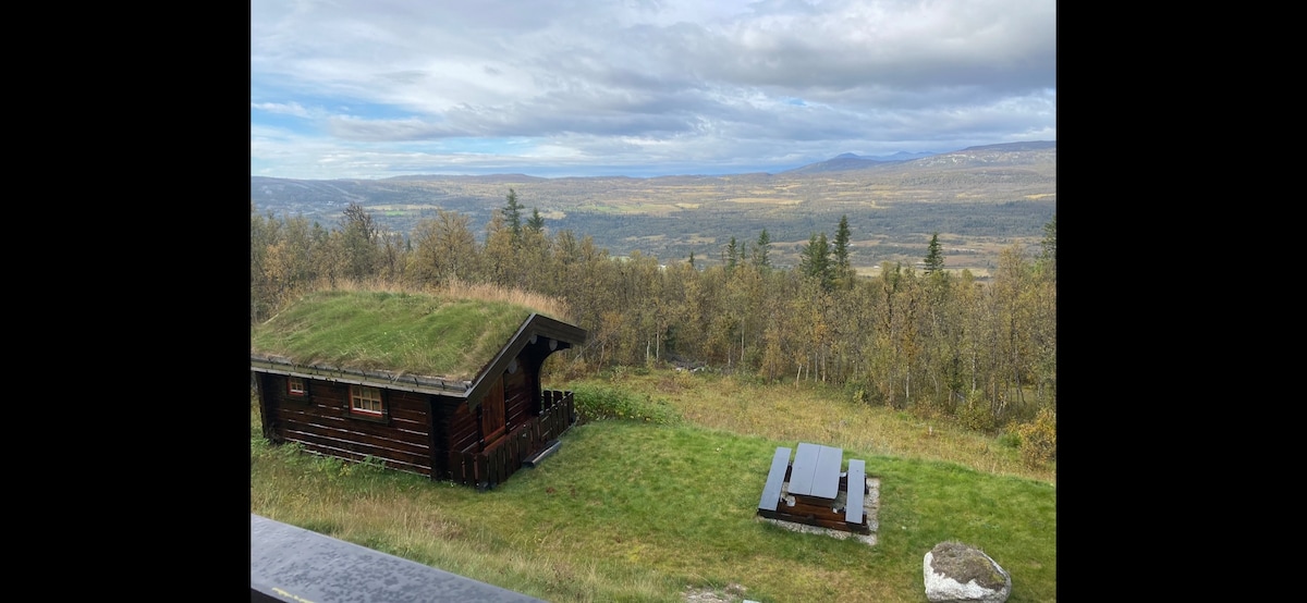 A picturesque cabin with a grass-covered roof is set against a backdrop of rolling hills and expansive valleys. A wooden platform is visible in the foreground, surrounded by greenery, while the horizon stretches under a cloudy sky.