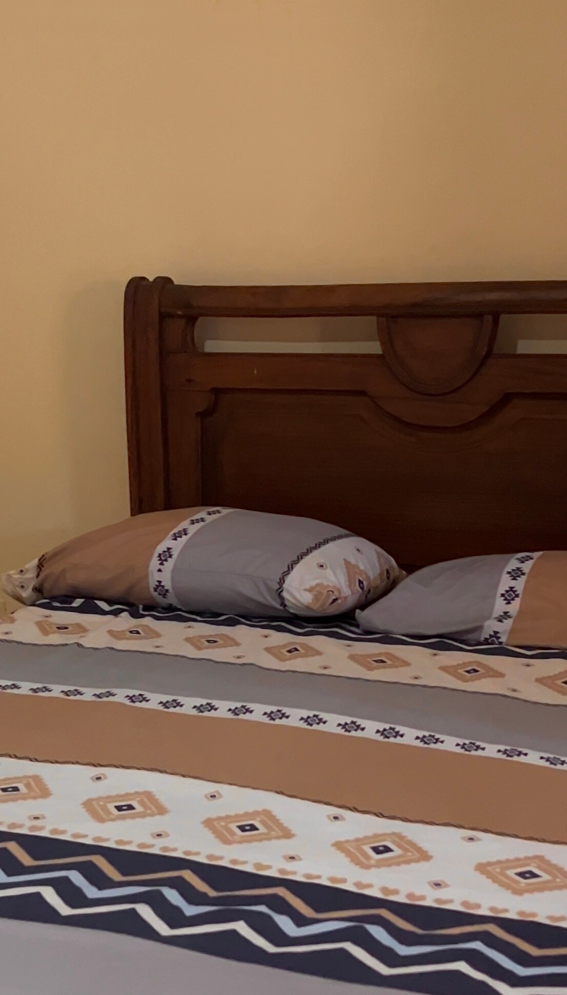 A spacious bed is featured with a wooden headboard, adorned with patterned bedding in soft earth tones. Two decorative pillows rest against the headboard, enhancing the simplicity of the sleeping area.