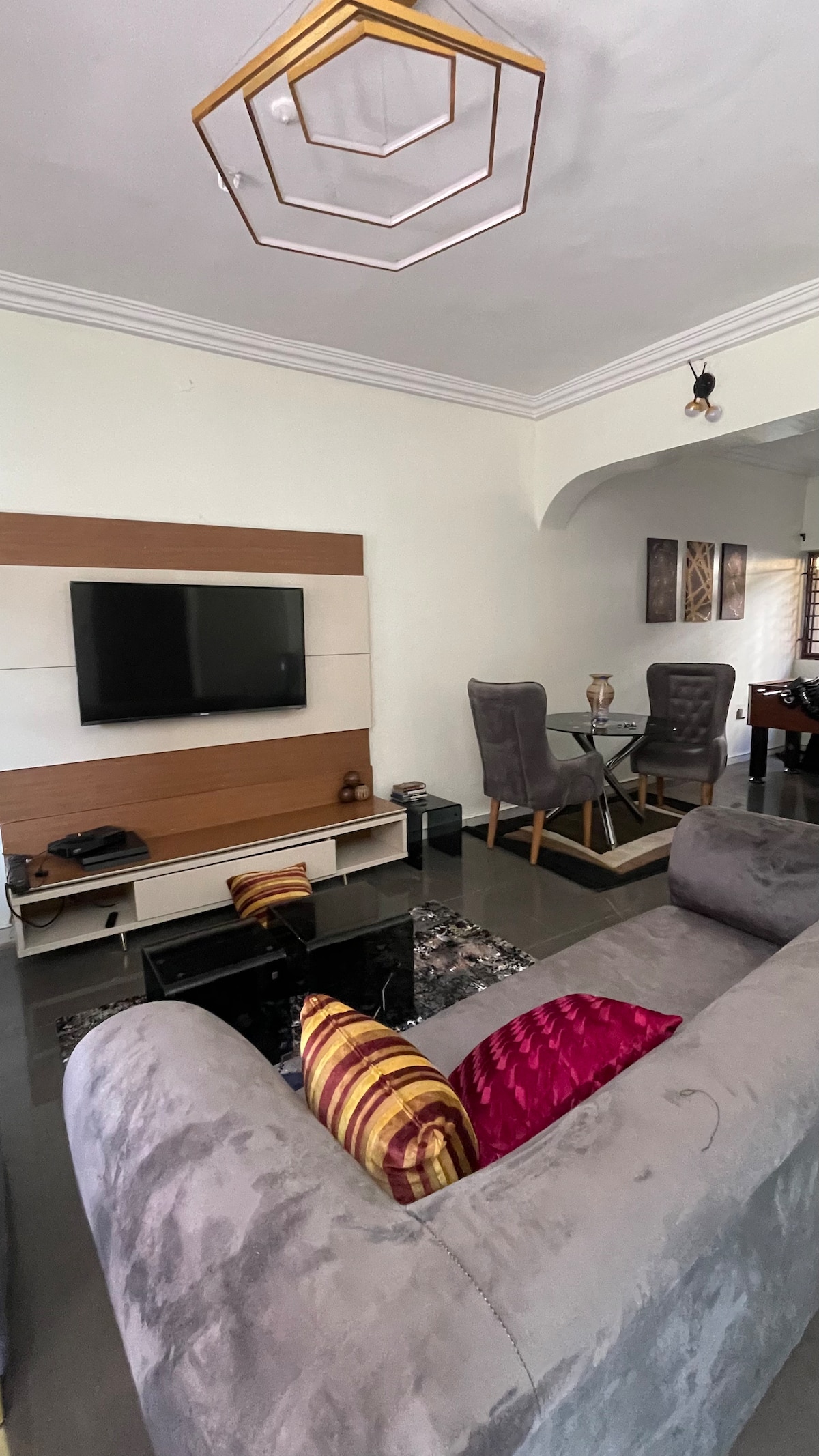 A comfortable living area features a gray sectional sofa adorned with colorful throw pillows. A sleek entertainment unit with a television is positioned against the wall, while a dining table with high-backed chairs is visible in the background. Natural light enters through nearby windows.