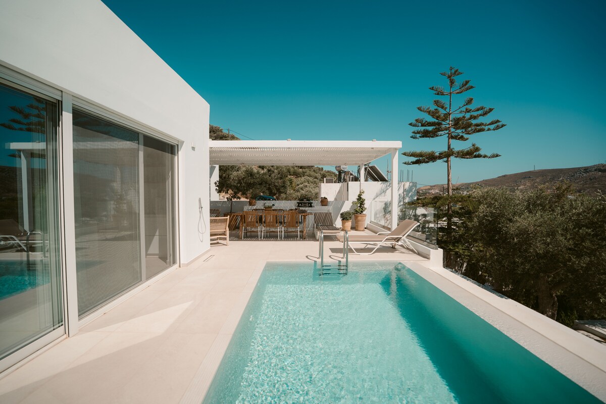 The vibrant infinity pool features turquoise waters that merge with the sea. A spacious outdoor dining area under a pergola with ample seating can be seen in the background. Sun loungers are placed nearby, surrounded by lush greenery and clear blue skies.