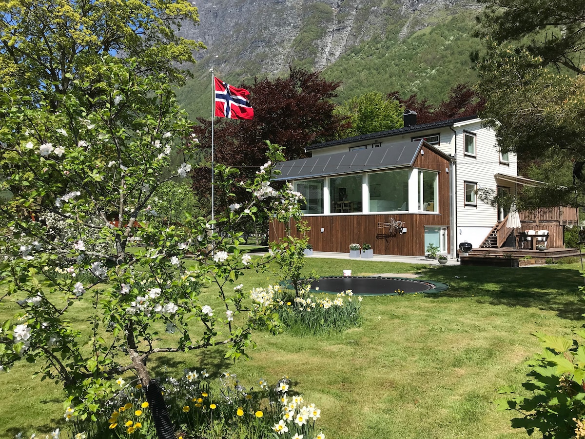 A spacious family home is surrounded by lush greenery and blooming flowers. A trampoline is visible in the garden, while a large terrace is situated at the back of the house. Flags are displayed prominently near the entrance, contributing to the welcoming exterior.