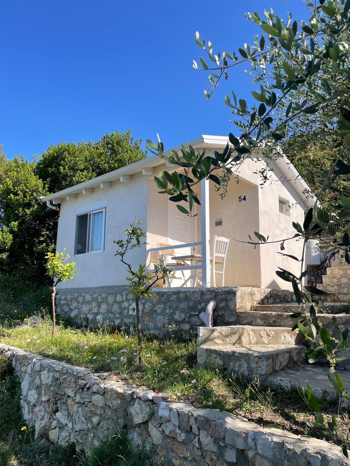 A cozy cabin is set amidst greenery, featuring a light exterior and a small porch with seating. Surrounding pathways and stone steps lead to the entrance, complemented by young trees and lush grass. A clear blue sky forms a serene backdrop.