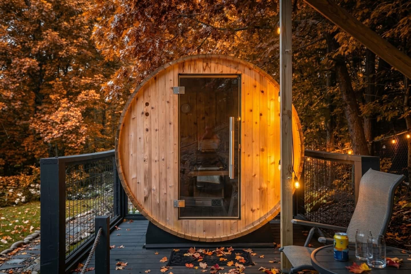 Heat up in the barrel sauna while the leaves turn, then step out onto the deck into crisp fall air