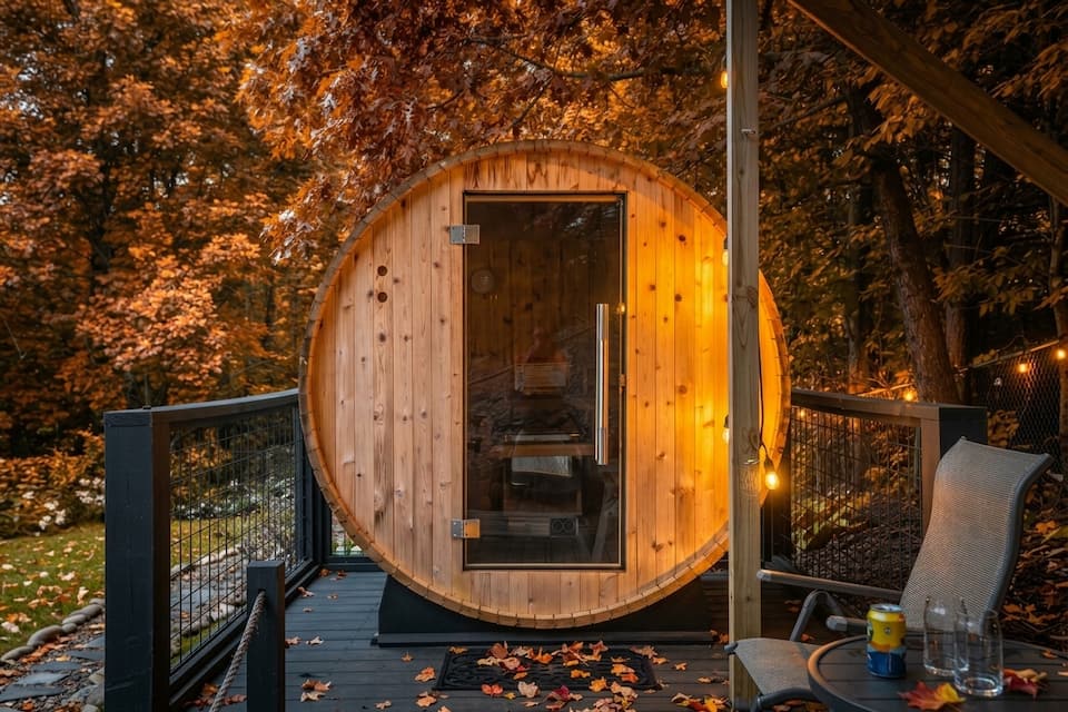 Heat up in the barrel sauna while the leaves turn, then step out onto the deck into crisp fall air