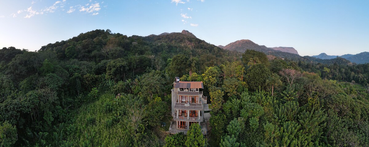The modern villa is nestled among lush greenery, providing a harmonious blend with the surrounding nature. The structure features multiple levels and large windows, offering unobstructed views of the mountains in the distance and the expansive forest canopy.