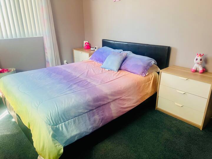 Bedroom #4: Full-size bed, Toddler table, Nite stands w/ 3 drawers, Vanity, Bookshelf and portable Fan. Flatscreen TV w/ Fire-stick will be there at check-in. Closet, Bookshelf and Dressers will be empty at Check-in.