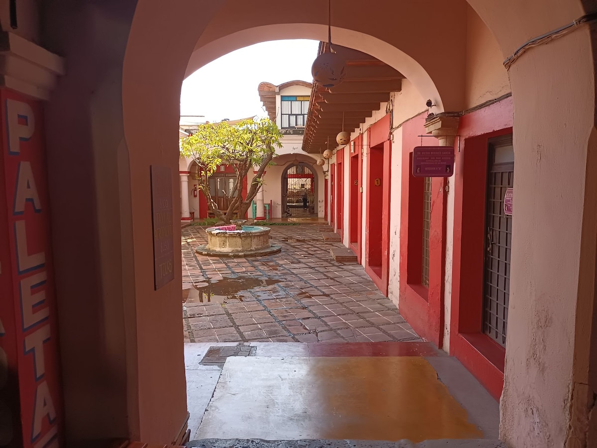 An arched corridor leads to a central courtyard surrounded by red-painted walls and rooms. A stone fountain is visible at the center of the courtyard, and a leafy tree adds greenery. The space appears bright and inviting, with light flooding in from the open entrance.