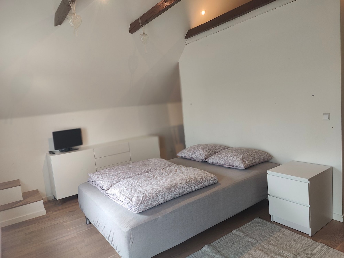 A private room is featured on the upper floor, showcasing a spacious bed with a light grey linen set and two pillows. A minimalist white dresser and a nightstand are positioned beside the bed. A small television is situated on the dresser, enhancing functionality.