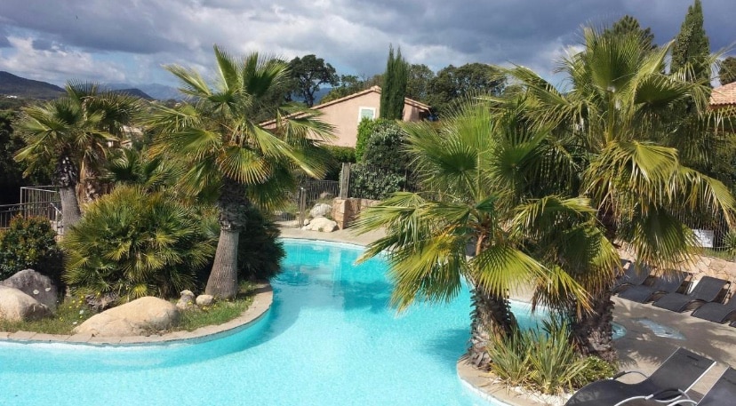 A shimmering pool is surrounded by lush palm trees and green foliage, offering a serene getaway. The water's surface reflects the surrounding landscaping, while several lounge chairs are positioned along the pool's edge, inviting relaxation.