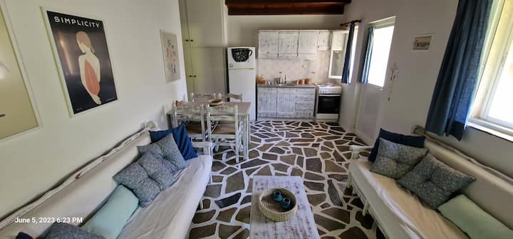 Dnevni boravak i kuhinja. Razlikujte:
Sofe koje se pretvaraju u krevete, stolić za kavu, blagovaonski stol sa stolicama, prozor (s desne strane), glavni ulaz u kuću u daljini s desne strane, ormar. 