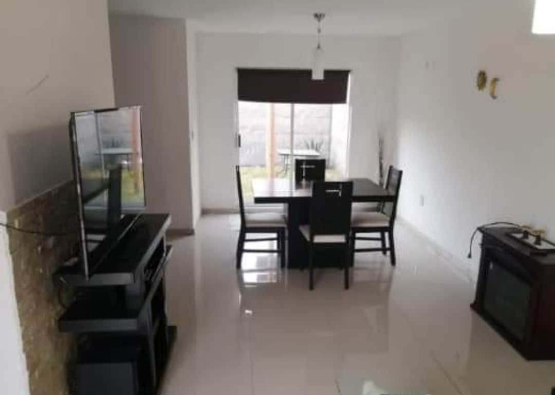 A modern living space displays a dining table surrounded by four black chairs. A flat-screen television is positioned on a black console. Large windows allow natural light to fill the room, with a view of a garden partially visible through the window coverings.