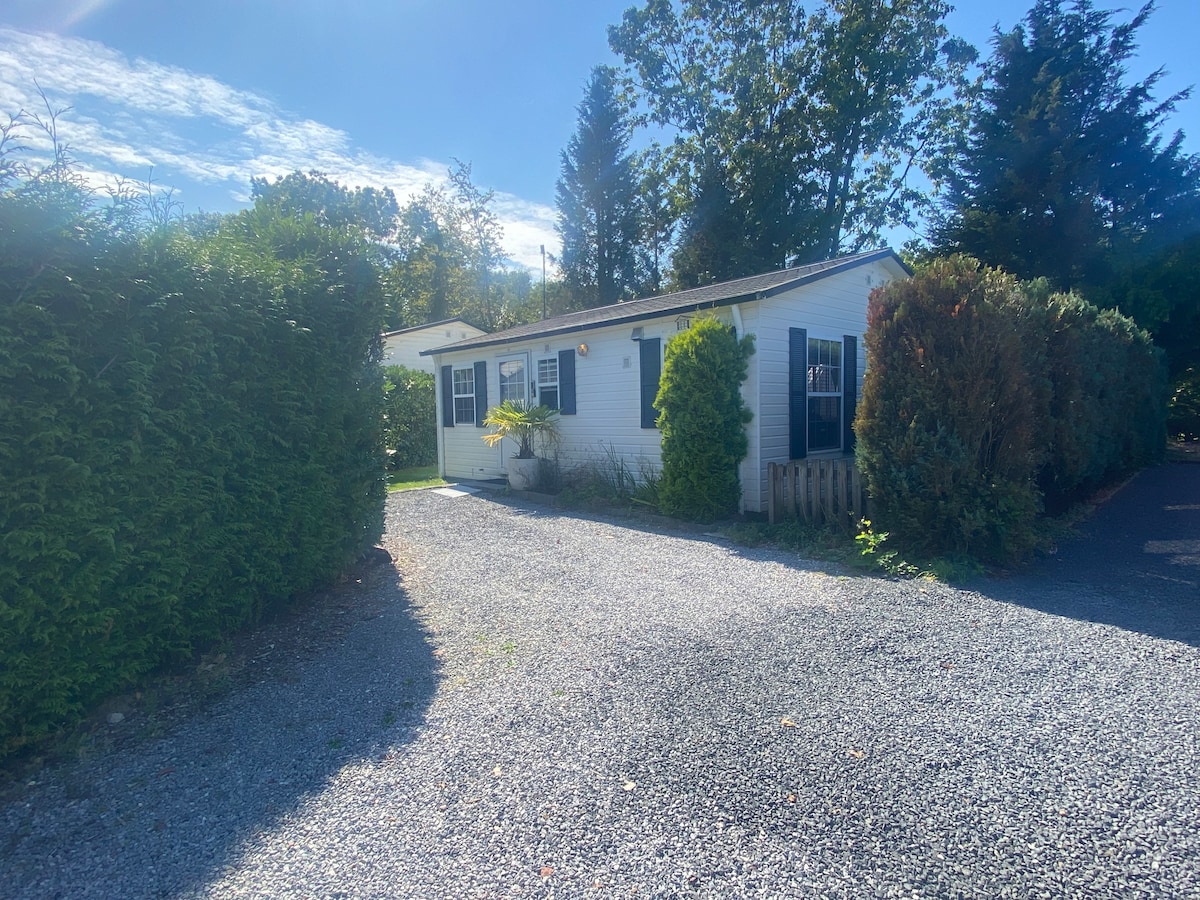 The exterior features a single-story accommodation framed by lush greenery, providing a sense of privacy. A gravel pathway leads to the entrance, with large windows allowing natural light to illuminate the interior. Clear blue skies are visible above, enhancing the welcoming atmosphere.