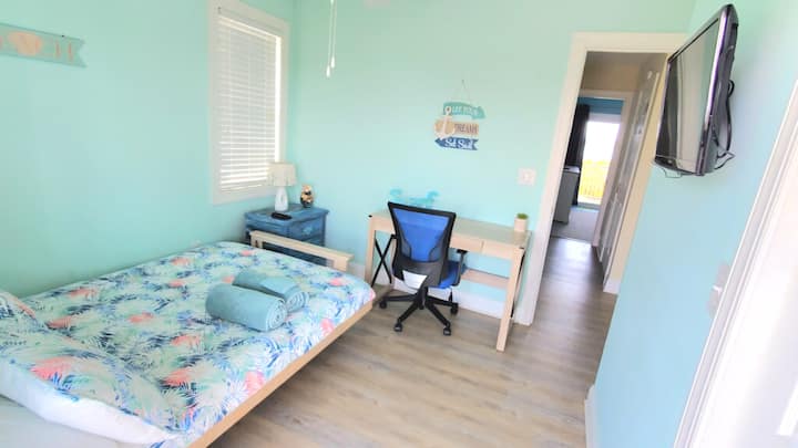 solid wood frame full  size bed from a converted futon. 4 inch thick mattress, plus 3 inch foam topper makes a good bed for teens or children, or a solo adult