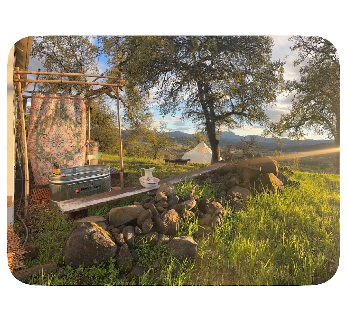 The Farmhouse Spa and cowboy tub are near the Astral Lotus. at Stargazing Dome in Hidden Valley Lake