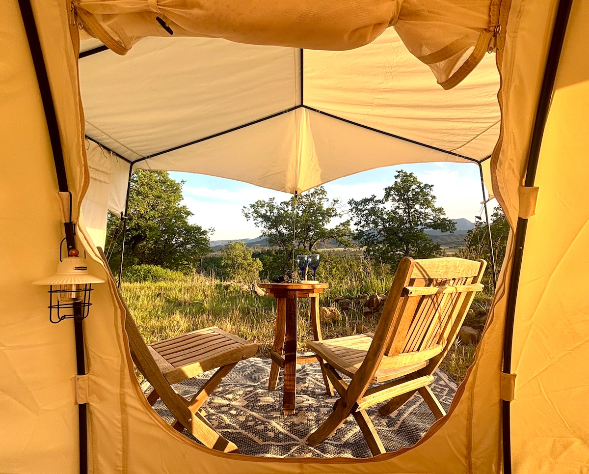 Private covered and shaded patio area for the Astra Lotus... amazing views! It stays cool with the breezes across the mountains. at Stargazing Dome in Hidden Valley Lake