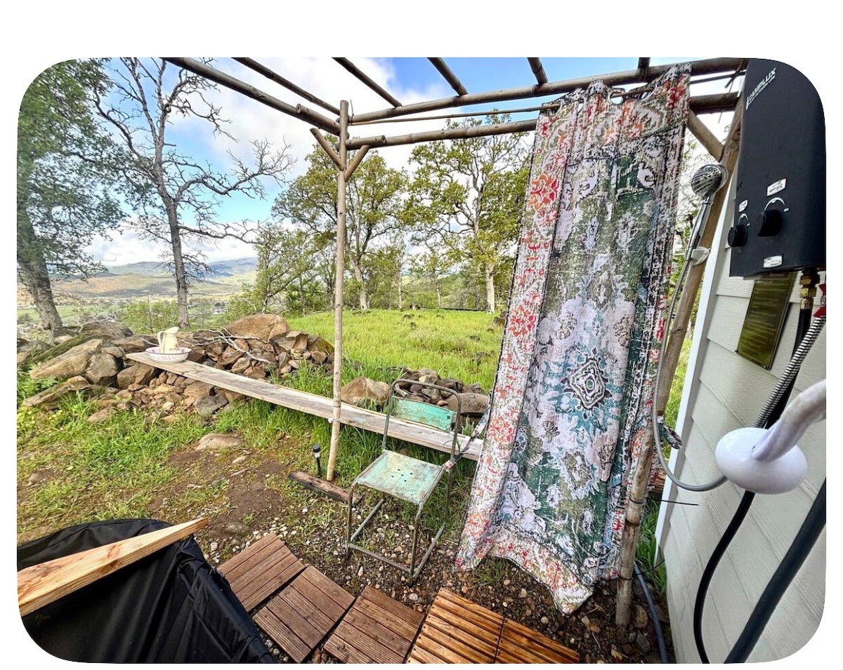 The outside hot shower has refreshing breeze and panoramic views. at Stargazing Dome in Hidden Valley Lake