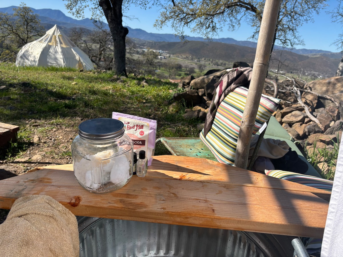 Take a detox bath outside with your baking soda and Epsom salts... something you can't do anywhere else! Beautiful view, with cotton boho privacy curtains in a bamboo structure. at