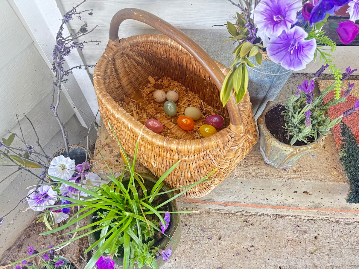 Our hen, Red Birda, lays eggs in a basket on the doorstep. Too cute. So we added Easter Eggs! at Stargazing Dome in Hidden Valley Lake