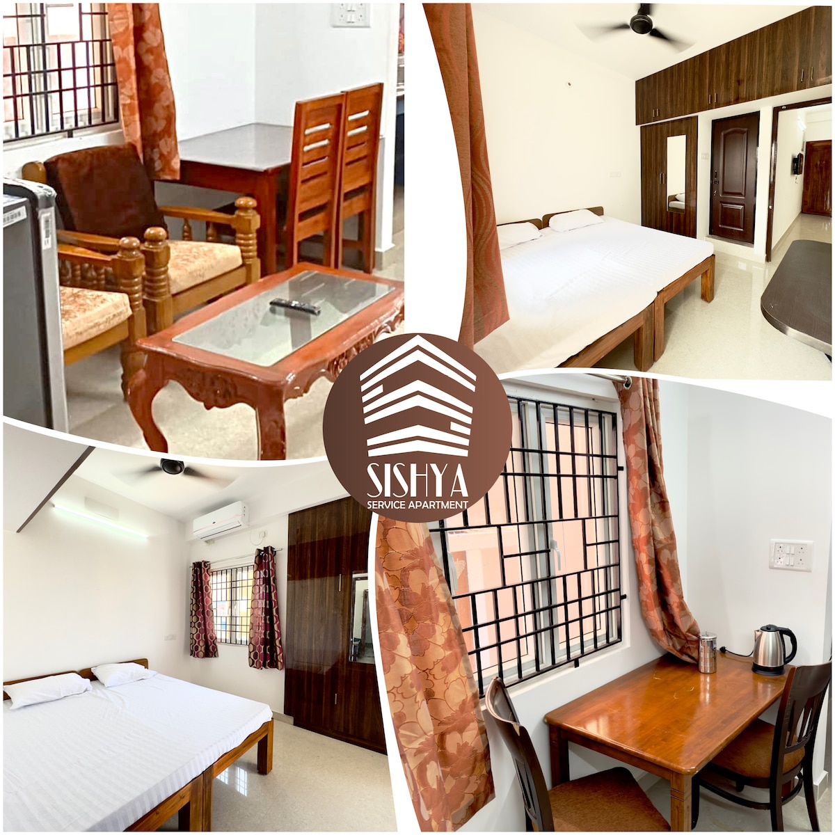 The apartment features a cozy living area with a wooden dining table and chairs. A spacious bed is visible alongside a wardrobe, while large windows allow natural light to enter. The airy design is complemented by neutral colors and decorative curtains.