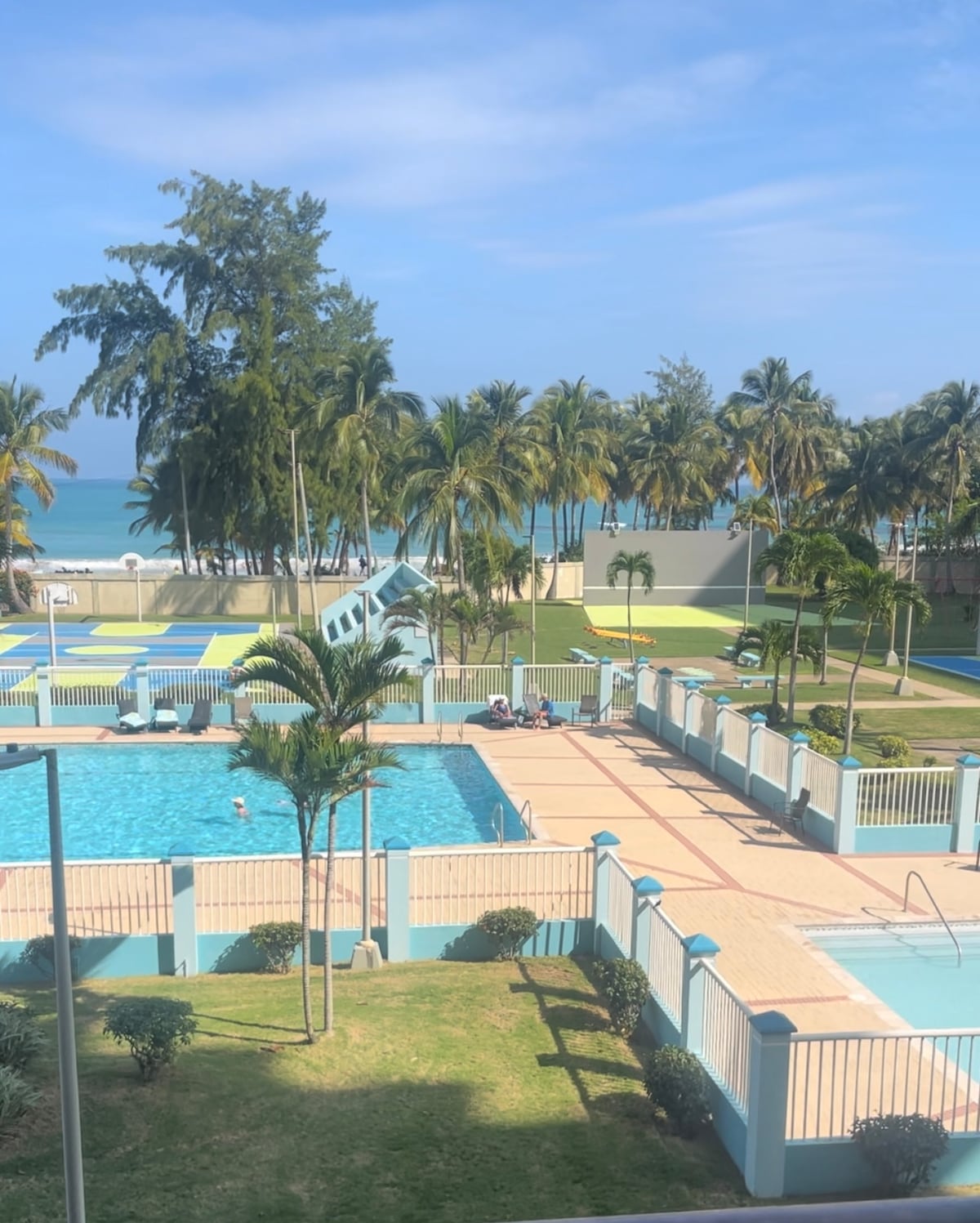 A clear view of the outdoor area is presented, featuring a large swimming pool surrounded by palm trees. Sun loungers are positioned near the pool, and a grassy area is visible, leading toward the beach in the background. A bright blue sky complements the scene.