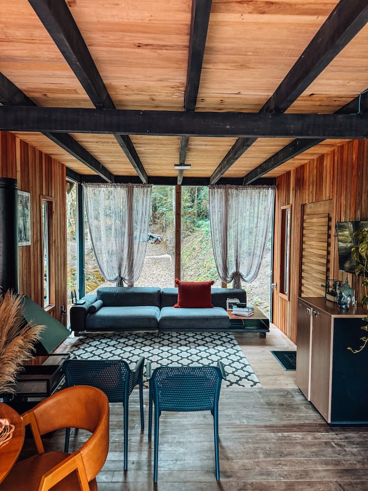 Living room with TV and fireplace